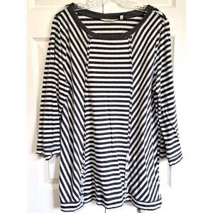 Soft Surroundings Lilo Tunic Top L Gray White Stripe Button Trim 3/4 Sleeve